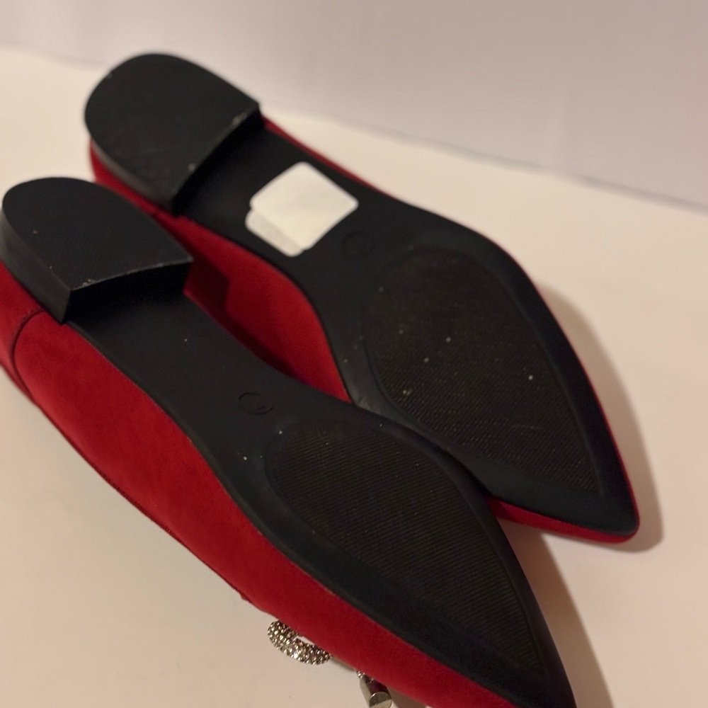 Women’s Red Pointed Toe Flats with Rhinestone Bow - Picture 7 of 7